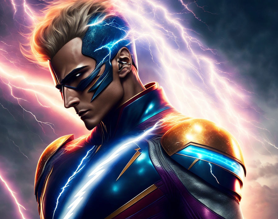 Superhero illustration with glowing lightning bolt, blue and gold suit, stormy backdrop