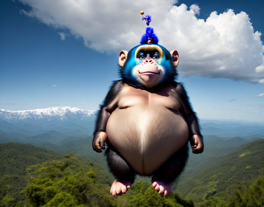 Surreal oversized cartoon monkey with purple flower in mountain scenery