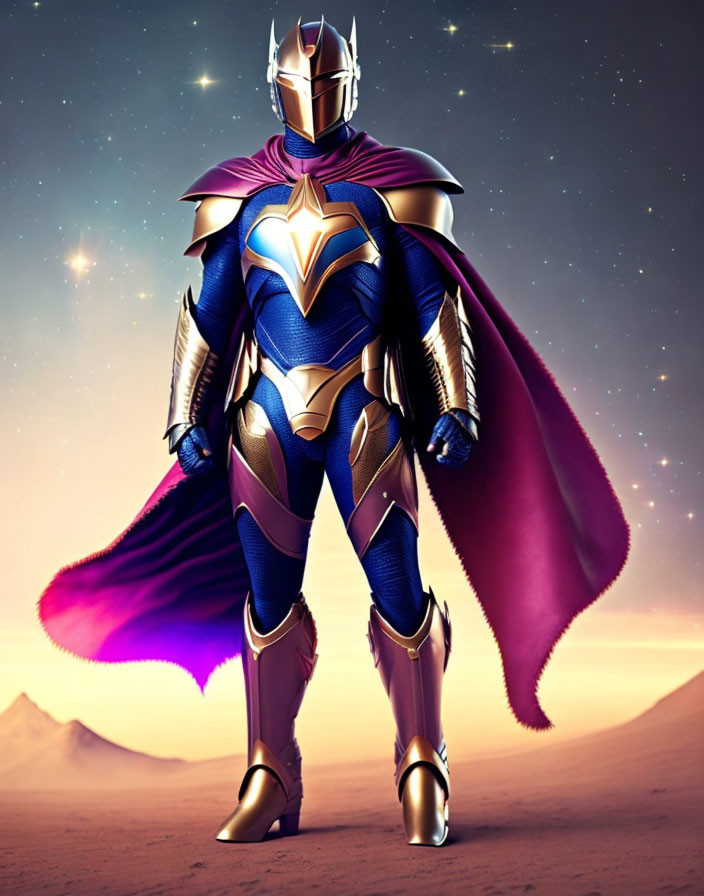 Futuristic knight in blue and gold armor under starry sky