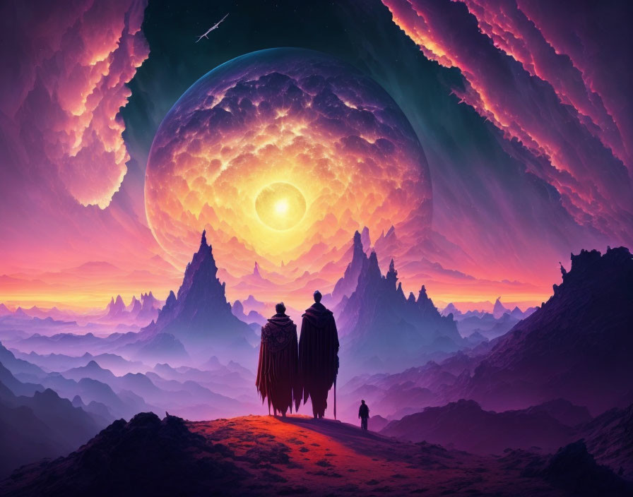 Fantastical landscape with giant moon, person, cloaked figures, surreal pink and purple sky.