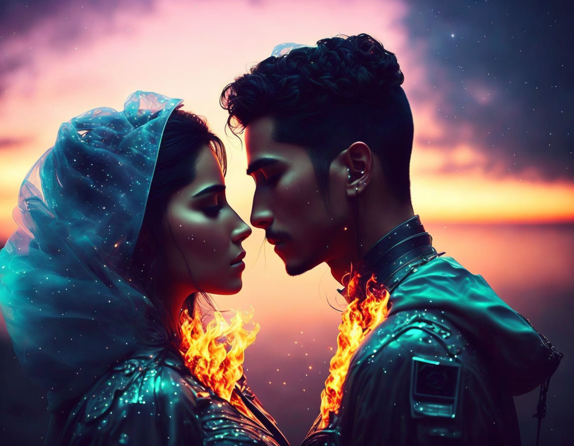 Digital artwork of couple with fiery elements, glowing skin, cosmic background