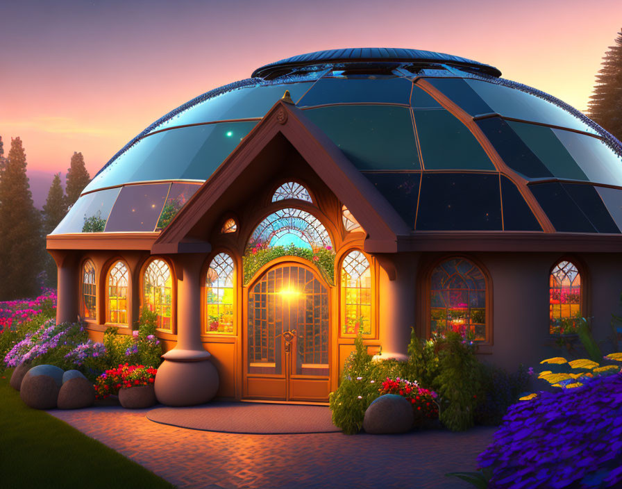 Glass-Domed House with Stained Glass Windows in Twilight Garden