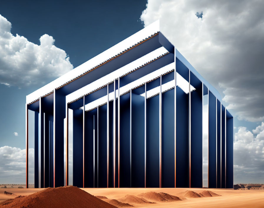 Modern illusionistic building in surreal desert landscape