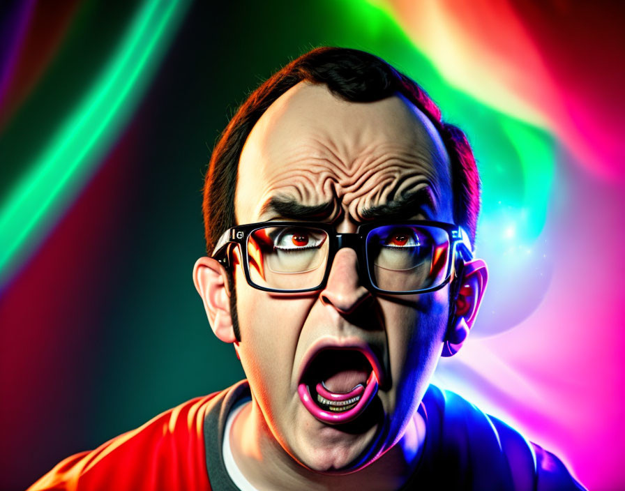 Exaggerated facial features of a shocked man with glasses on multicolored background