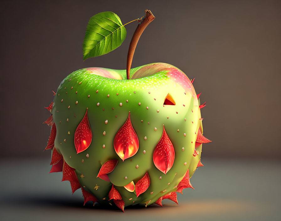 Surreal apple with green-to-red gradient, sharp thorns, and glowing red droplets on