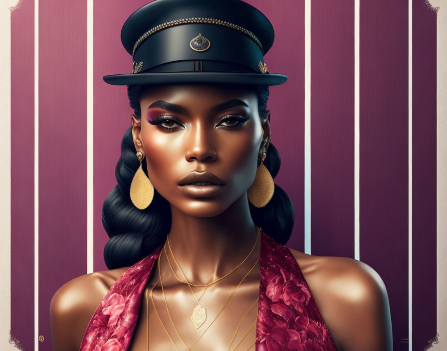 Digital artwork of woman with dark skin, large hoop earrings, stylish hat, pink outfit on striped background