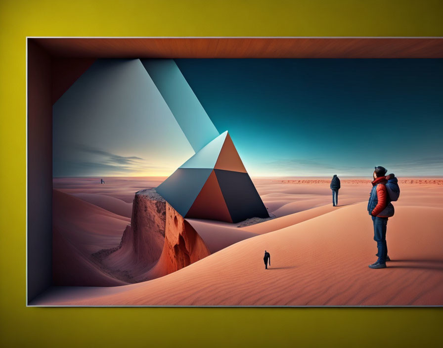 Surreal desert landscape with geometric shapes and figures