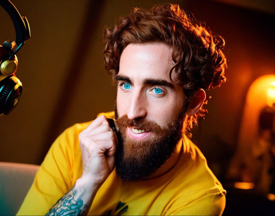 Curly-bearded man with blue eyes holding headphones in yellow t-shirt.