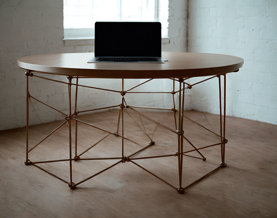 Geometric Metal Base Wooden Desk with Laptop in Modern Room