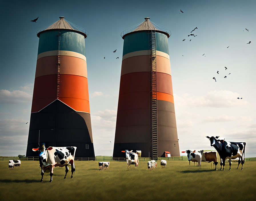 Colorful Striped Silos in Green Field with Grazing Cows