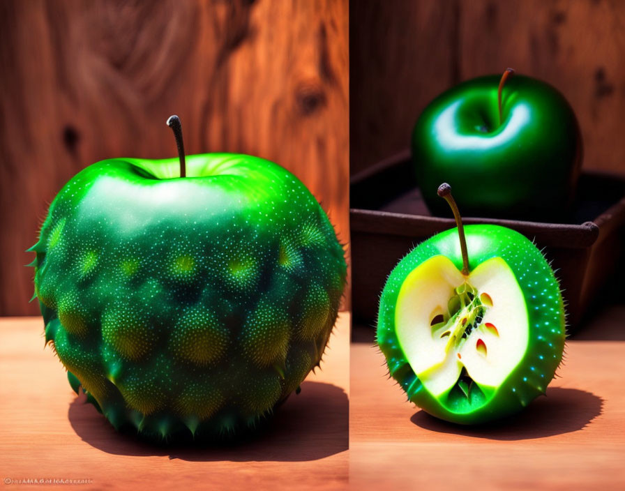 Digitally Altered Image of Glowing Green Apple on Wooden Background