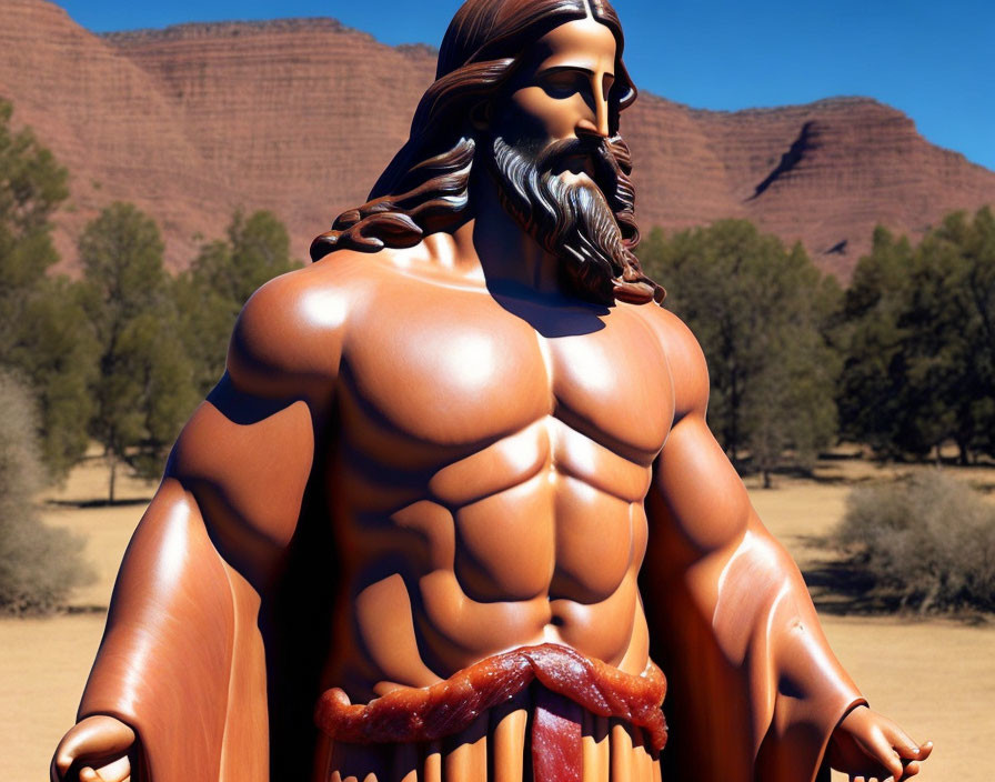 Muscular figure with hotdog in desert landscape