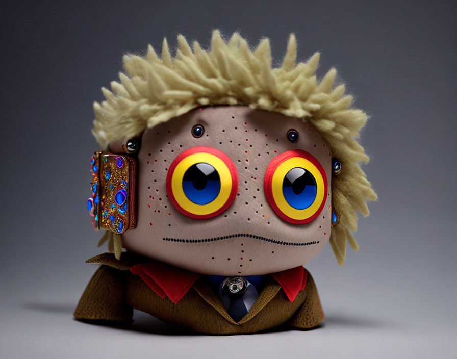 Exaggerated stylized figurine with vivid yellow and red eyes, freckles, blonde sp