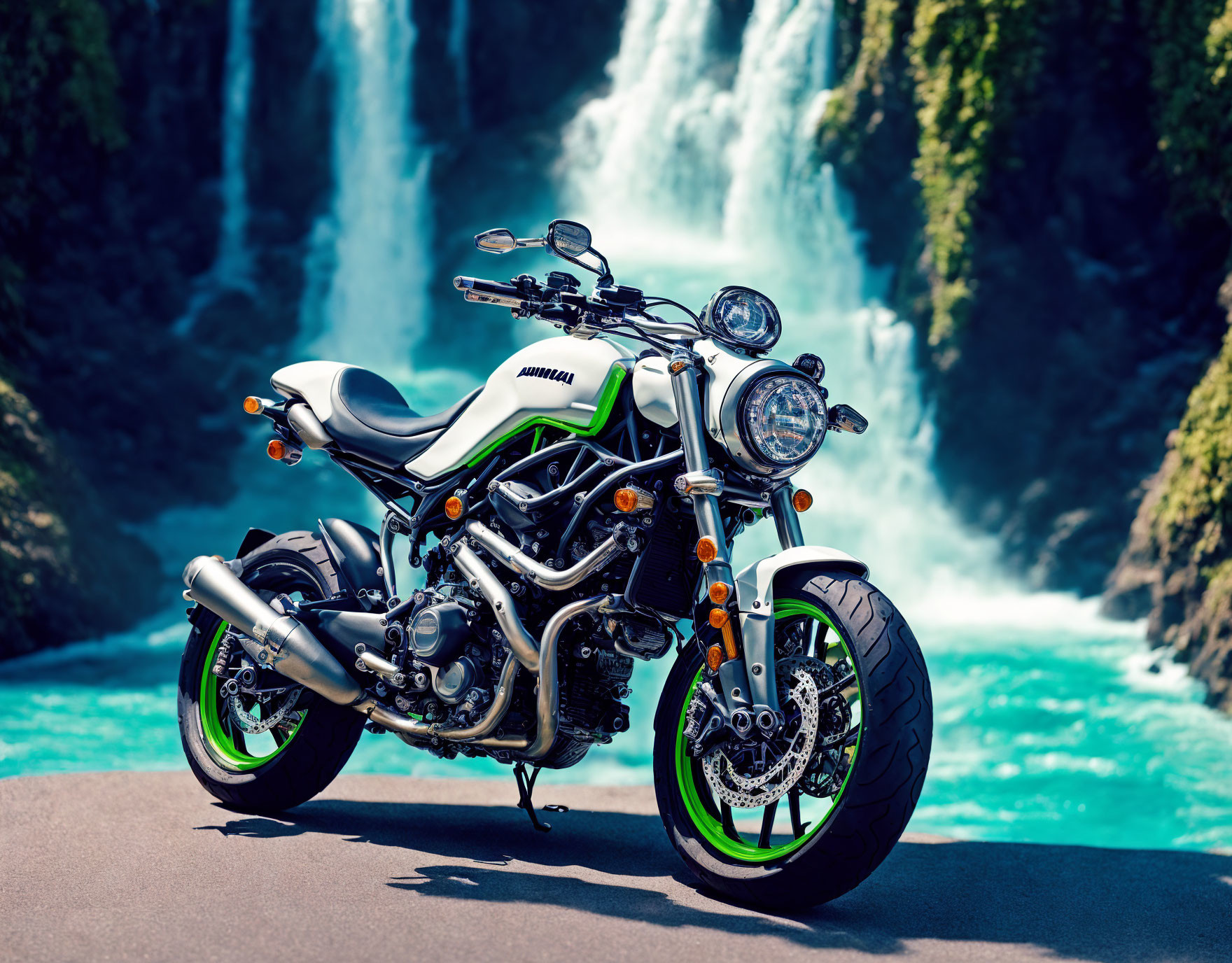 Kawasaki motorcycle in front of lush waterfall