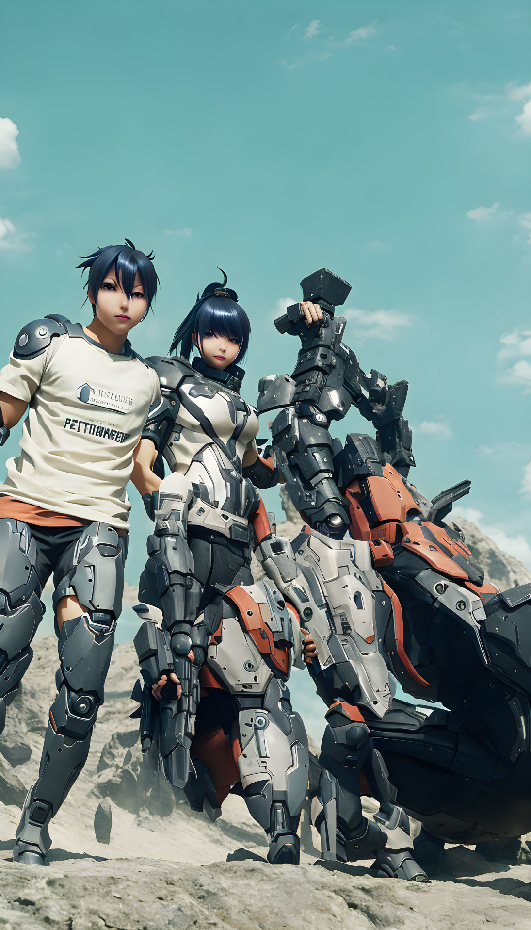 Anime-style characters with mecha robot in rocky terrain under clear sky