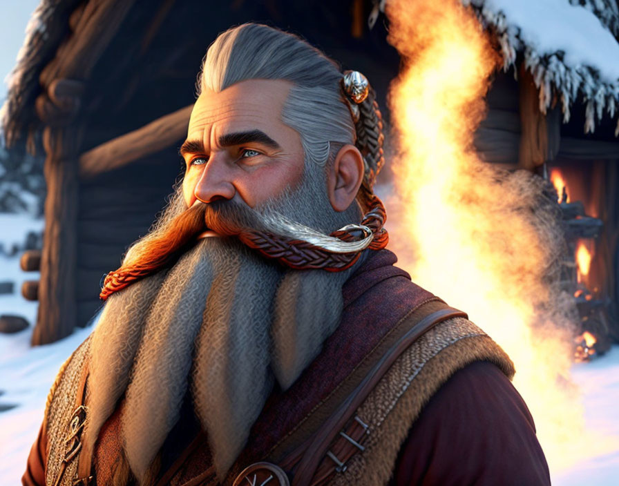 Animated Viking with braided beard and fur-lined tunic near snowy cabin