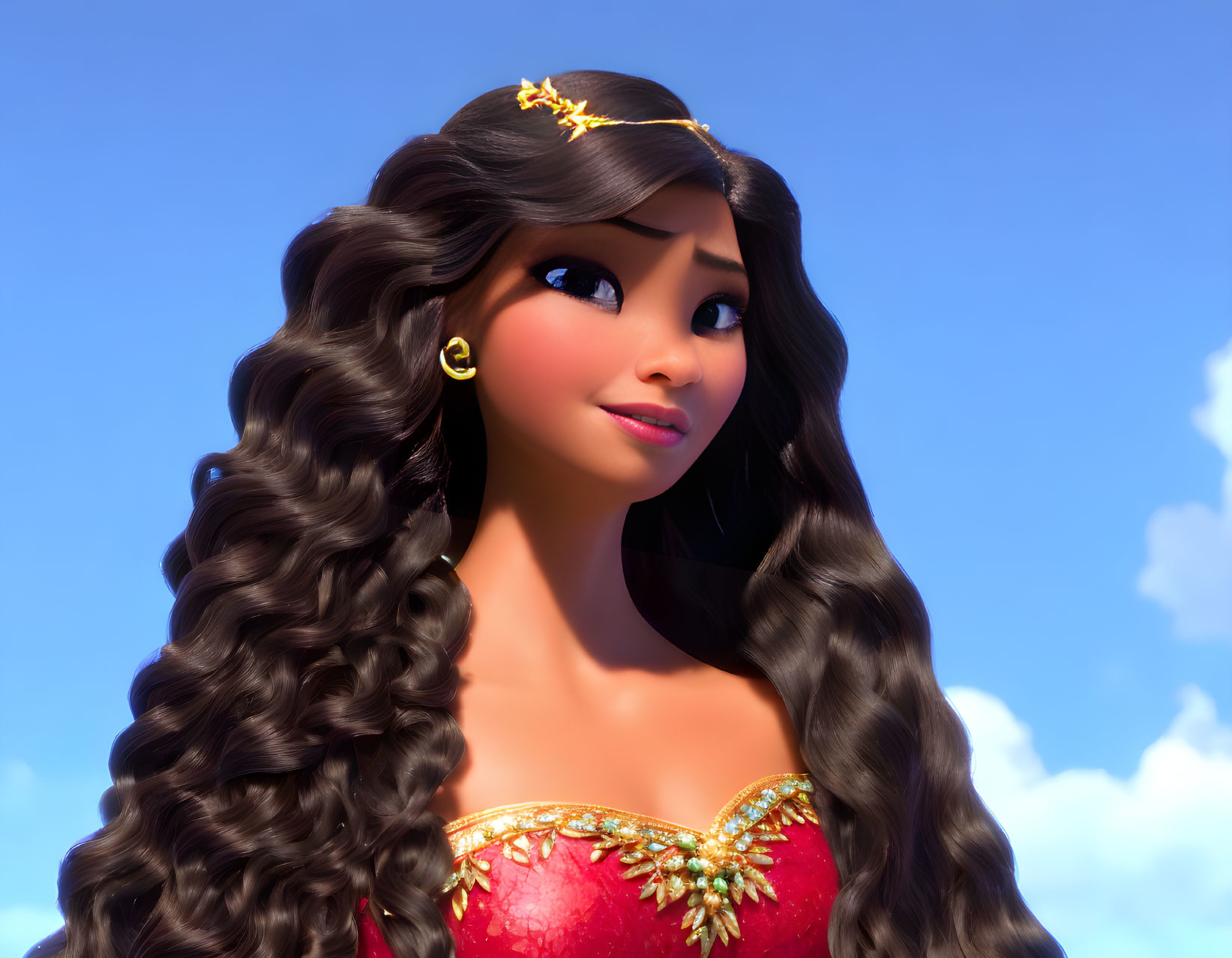 Princess 3D illustration with dark hair, golden tiara, red dress, under blue sky