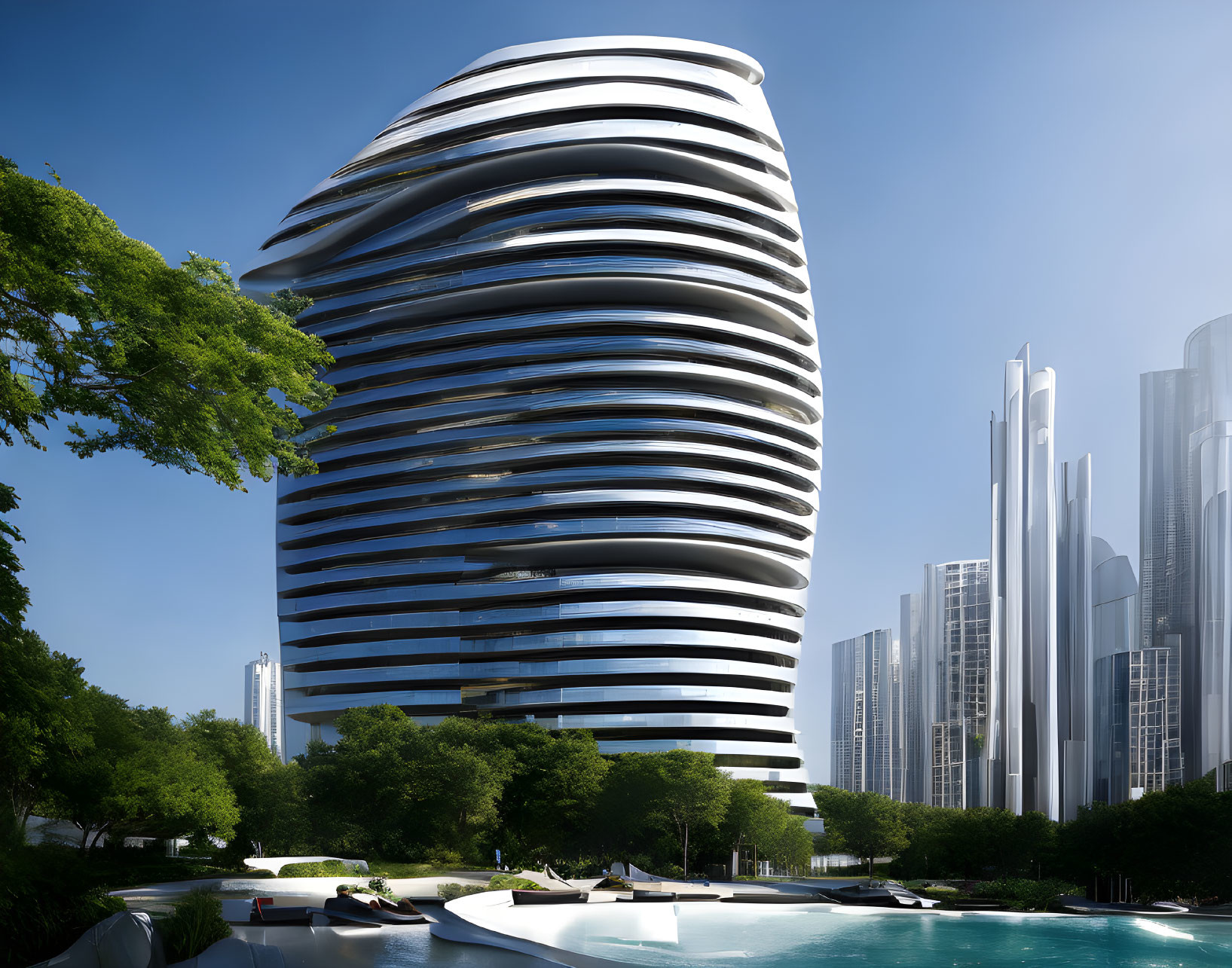 Twisting high-rise with layered facade amid lush greenery and futuristic skyscrapers