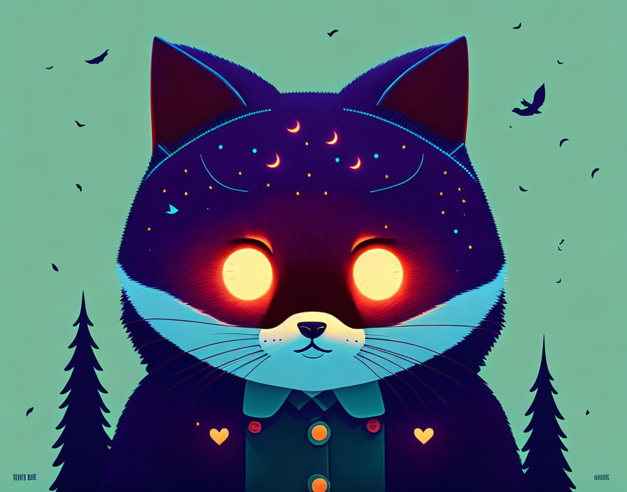 Cosmic cat illustration with glowing eyes and celestial patterns, surrounded by birds on teal background.