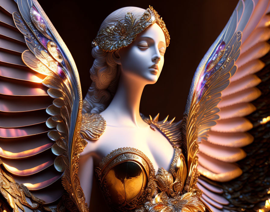 Golden-winged angelic figure in regal attire on dark background