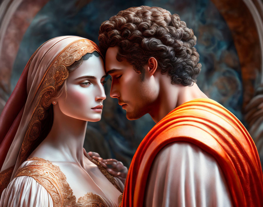 Digital Artwork: Man and Woman in Historical Clothing with Intricate Details