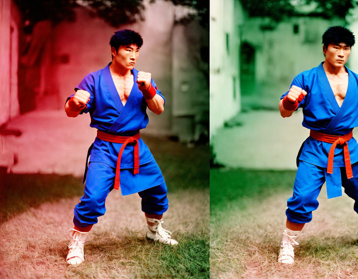 Person in Blue Karate Gi with Red Belt in Fighting Stance on Grass