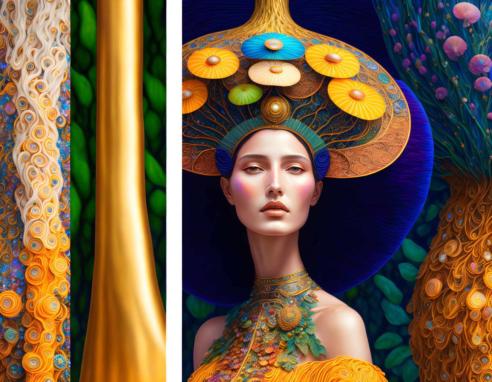 Vibrant surreal portrait of a woman with elaborate floral headdress