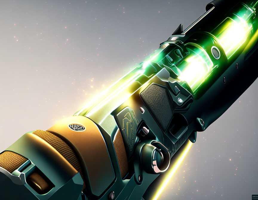 Detailed futuristic green metallic blaster gun emitting bright energy beam