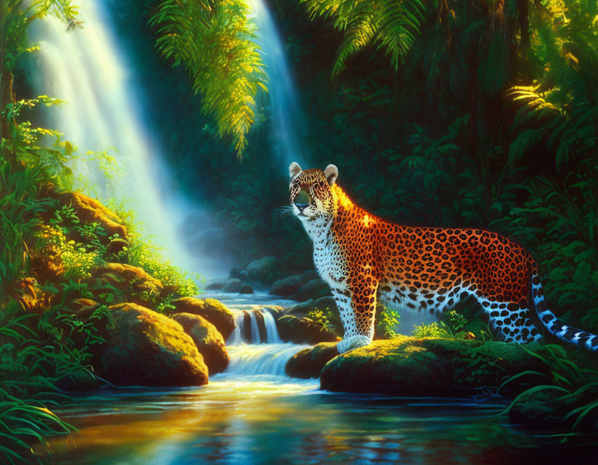 Majestic jaguar by cascading stream in lush rainforest