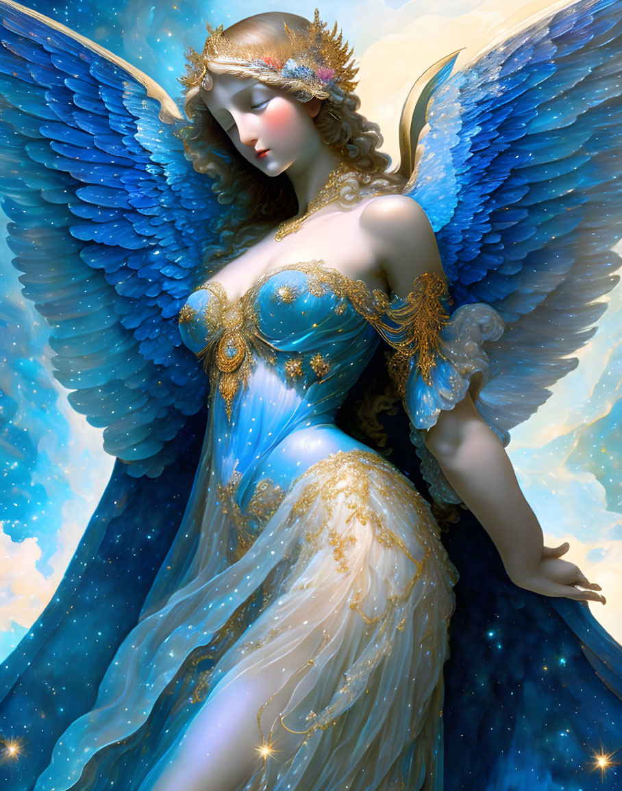 Blue-winged angel in cosmic starry scene with blue and gold attire