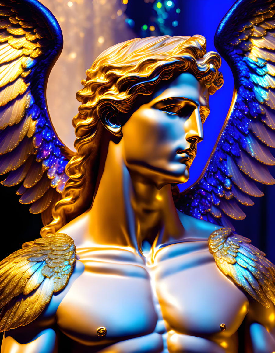 Golden angel statue with intricate wings and solemn expression on blue lights and sparkling bokeh.