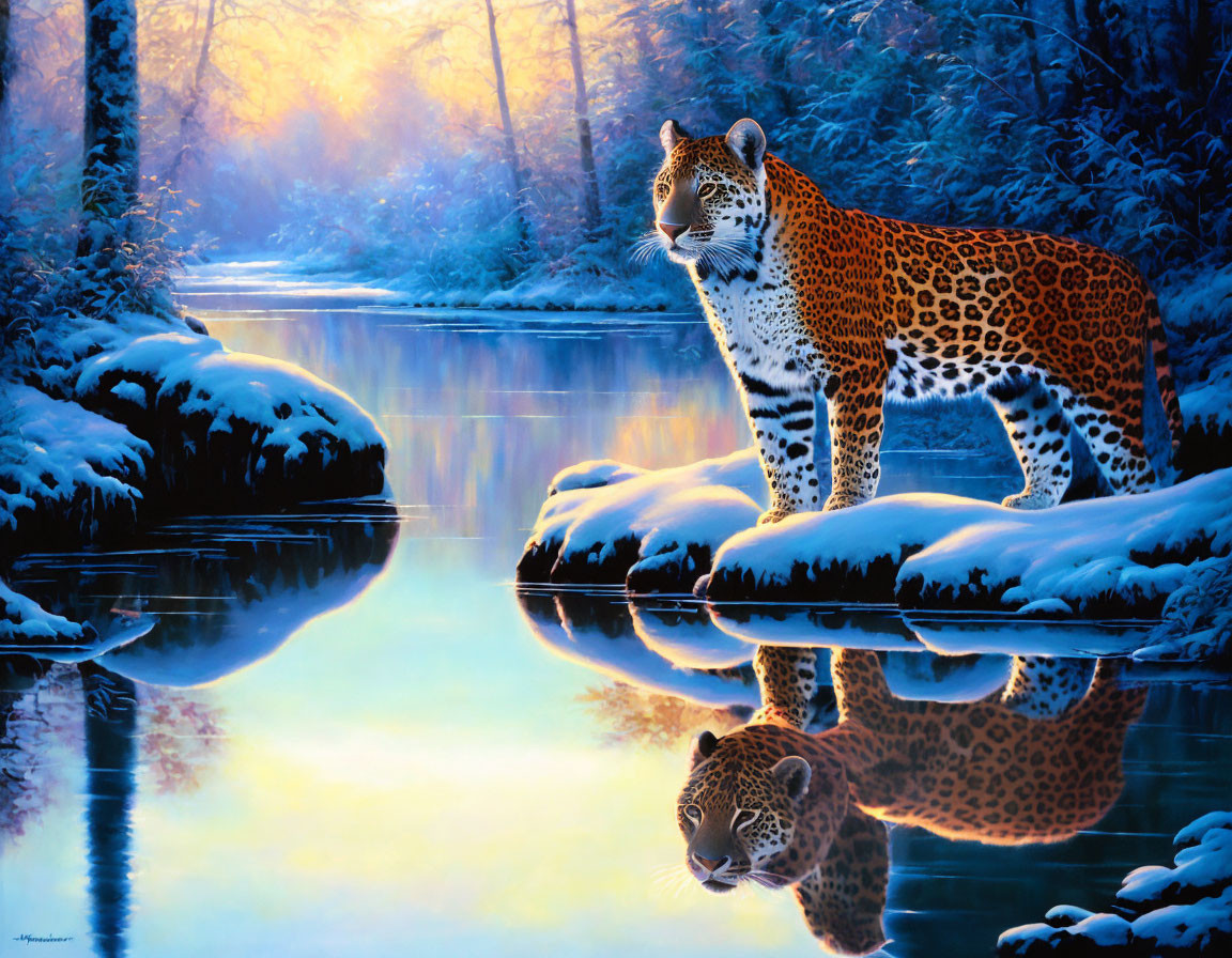 Leopard standing on snow-covered riverbank in wintry forest at twilight