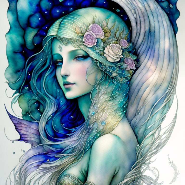 Illustration of woman with blue hair and rose headdress in watery backdrop