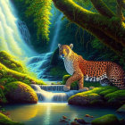 Majestic jaguar by cascading stream in lush rainforest