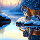 Leopard standing on snow-covered riverbank in wintry forest at twilight