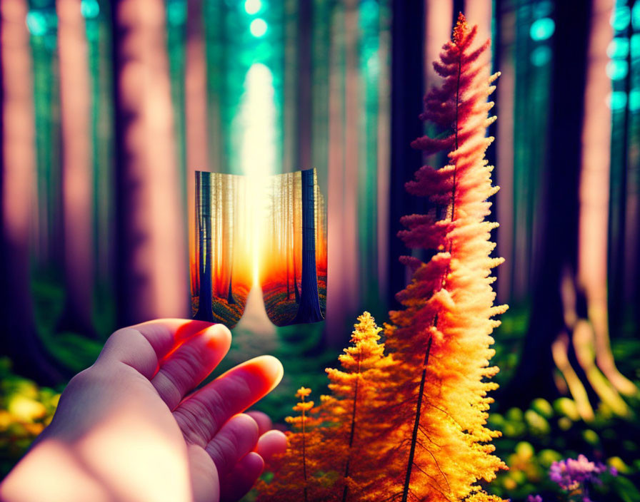 Hand holding cylindrical mirror reflecting sunlit forest path in vibrant woodland scene