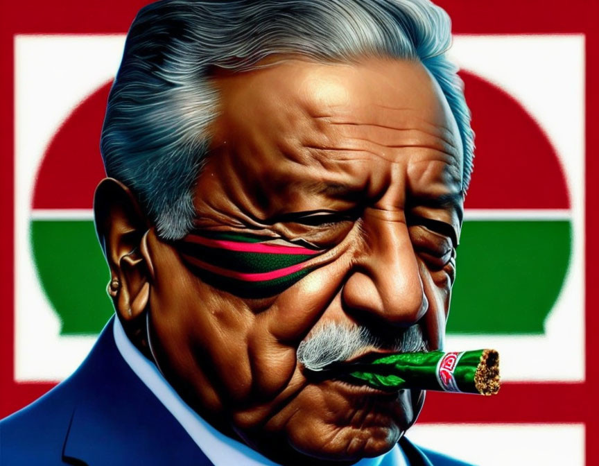 Elderly man with flag-colored face paint smoking a cigar against flag-themed backdrop