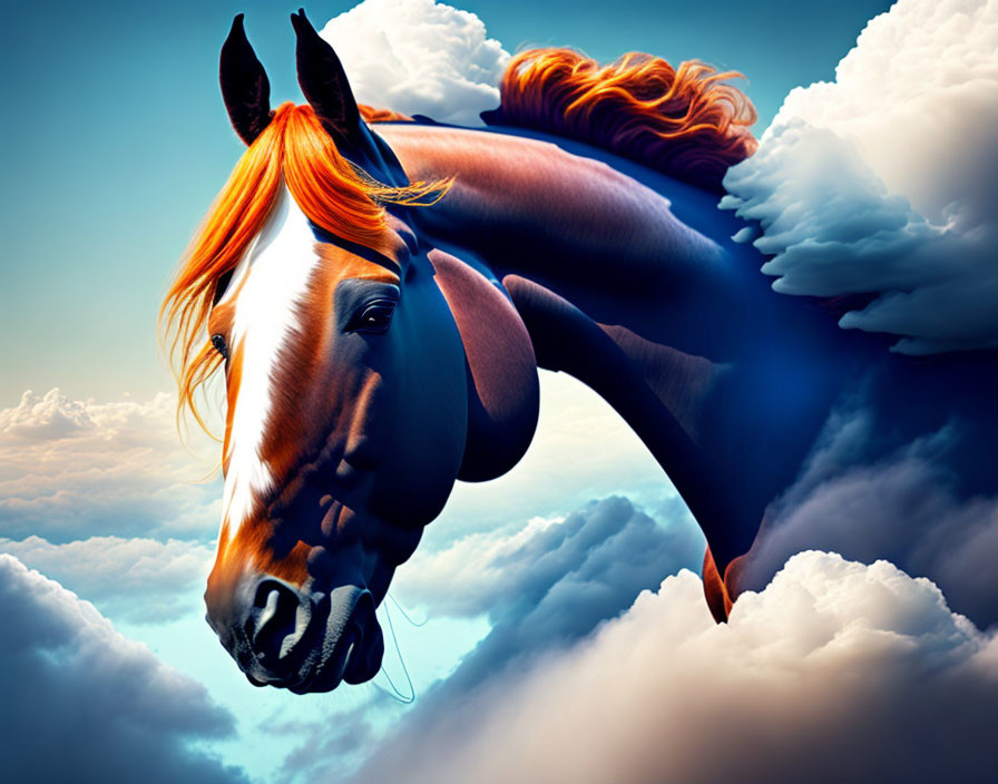 Majestic horse with fiery orange mane in blue sky