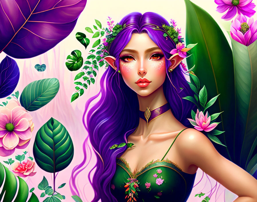 Fantasy female figure with purple hair and elf ears in floral setting