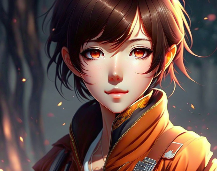 Digital illustration of young woman with amber eyes, brown hair, orange jacket, and falling red leaves.