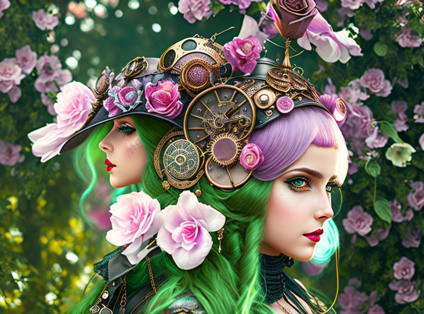 Digital Art: Two Women in Steampunk Headgear with Gears and Flowers