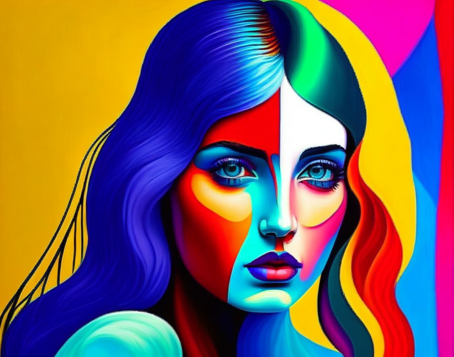 Colorful Digital Artwork: Woman's Face with Multicolored Skin and Hair