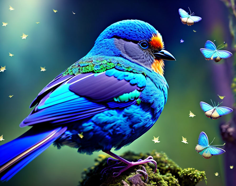 Colorful Bird with Butterflies on Branch in Starry Night Scene