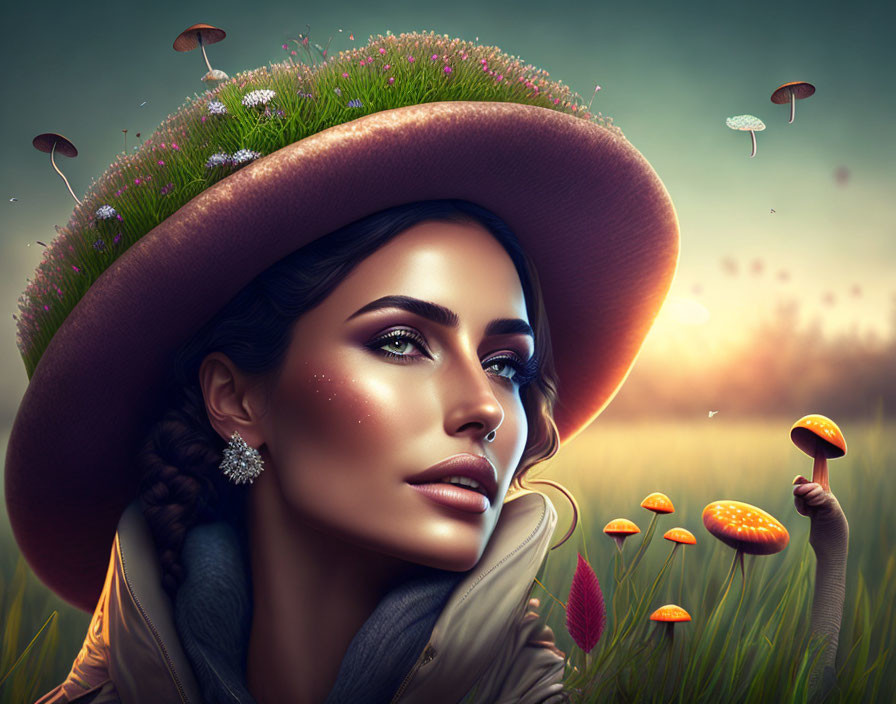 Digital artwork of woman with wide-brimmed hat and miniature ecosystem on twilight field backdrop