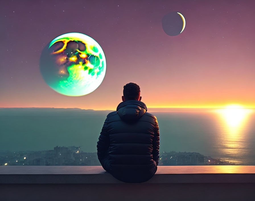 Person in jacket gazes at surreal sunset with glowing orb and crescent moon over ocean