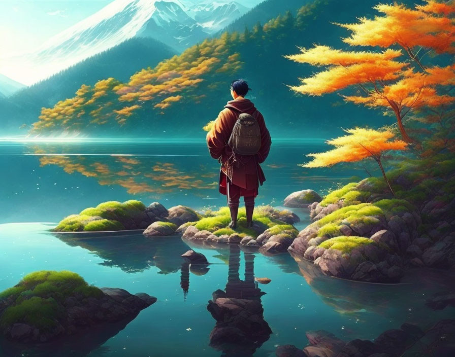 Person in Red Cloak Standing by Serene Lake with Autumn Trees and Mountains