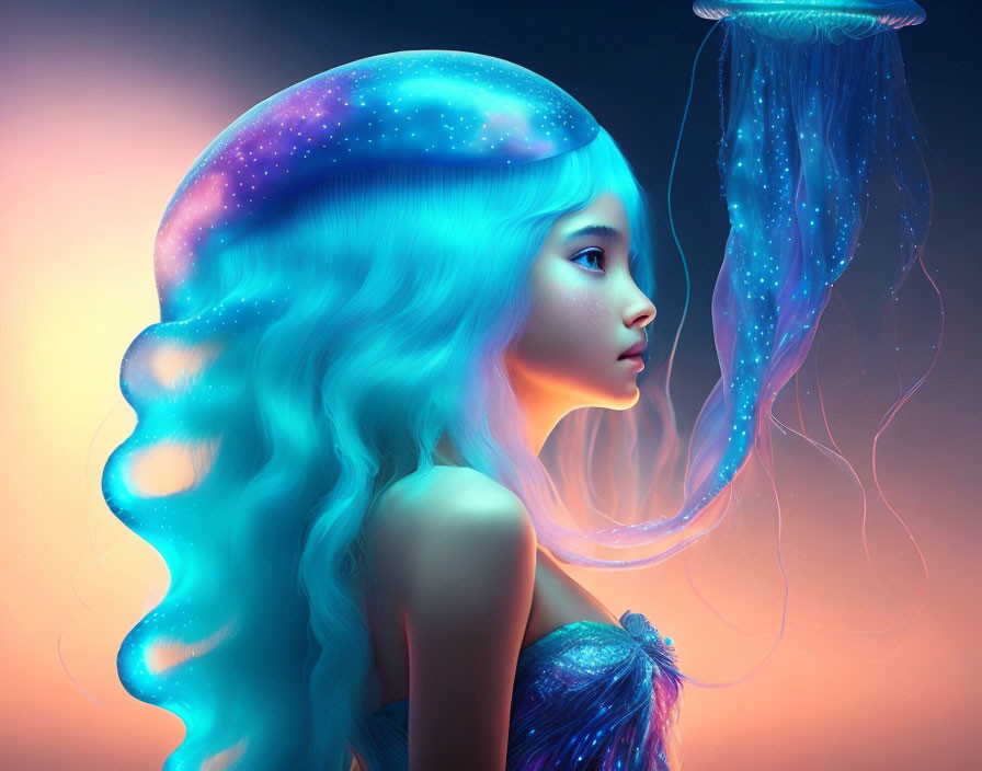 Digital Artwork: Girl with Blue Hair and Cosmic Sky Aesthetic Observing Glowing Jellyfish