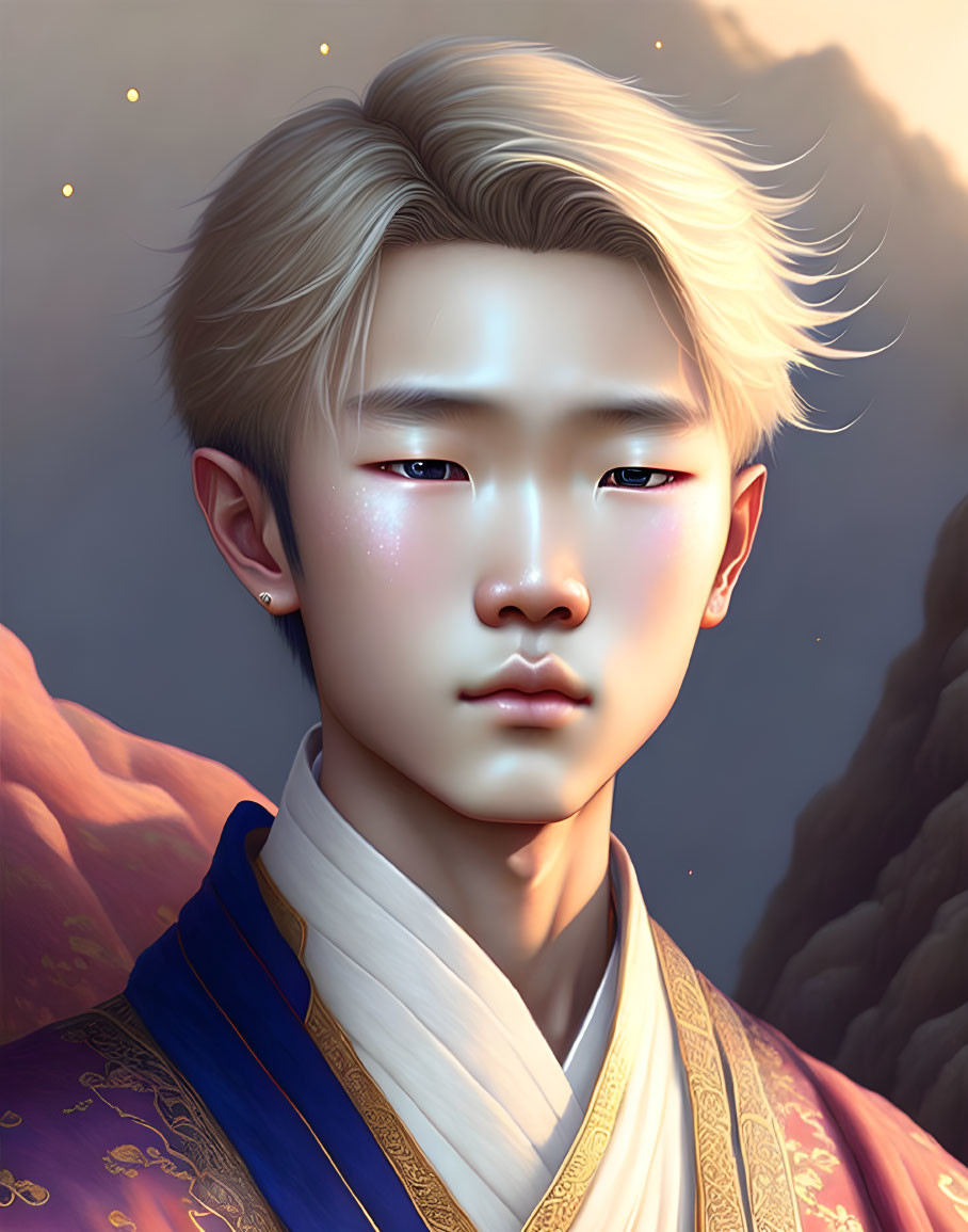 Person in Traditional Attire with Light Hair in Dreamy Starry Setting