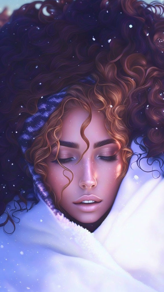 Digital artwork: Woman with curly hair in starry night sky, wrapped in cozy blanket.