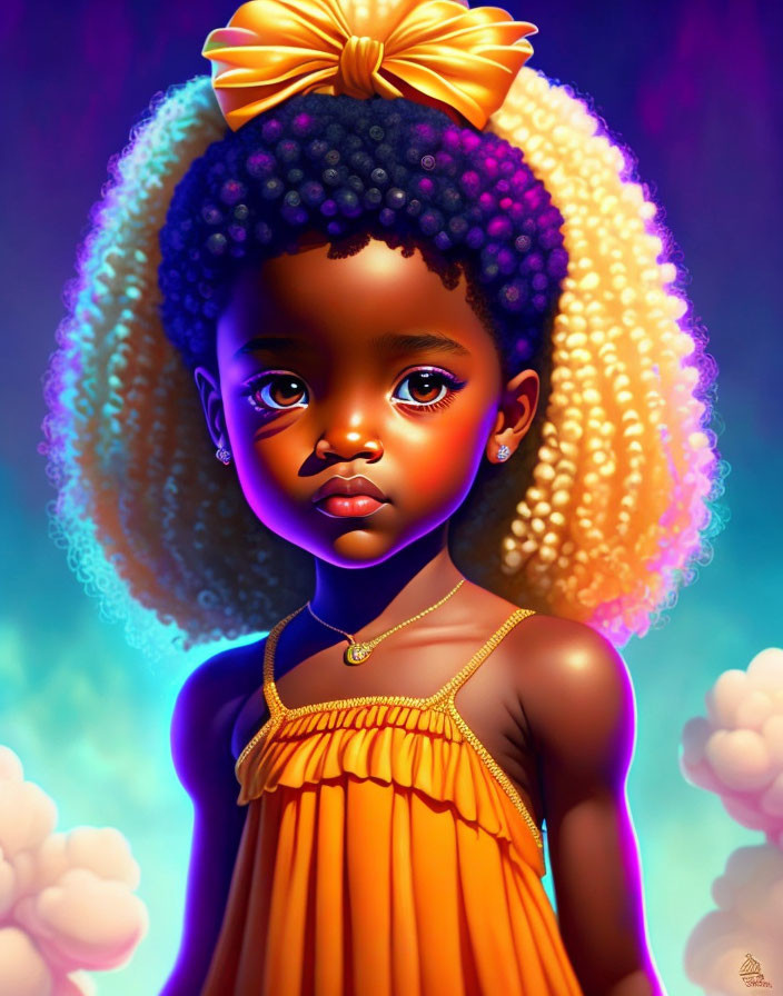 Vibrant digital illustration: young girl with curly hair and bow in orange dress.